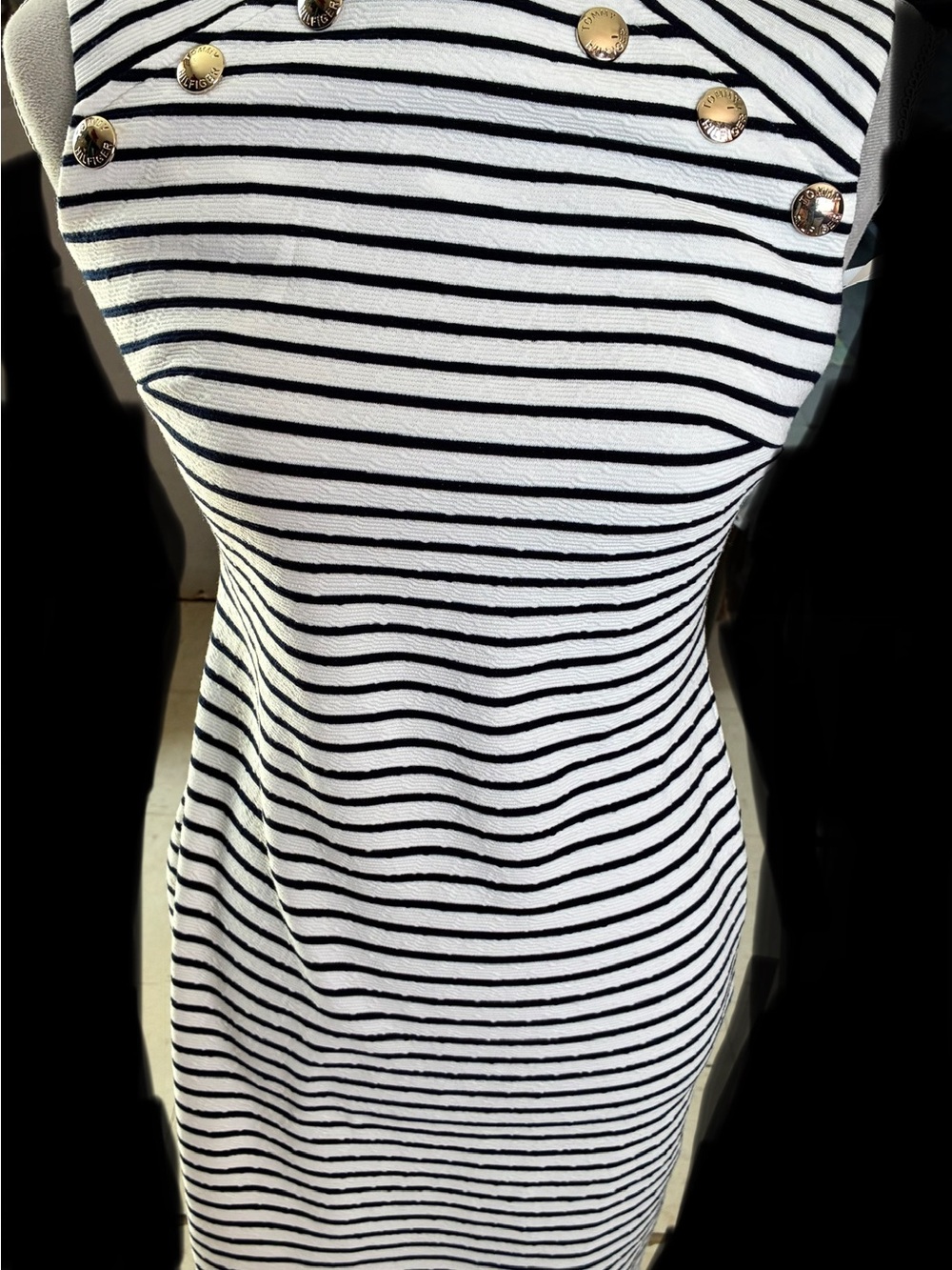 Tommy Hilfiger Black & White Striped Knit Tunic with Gold Buttons